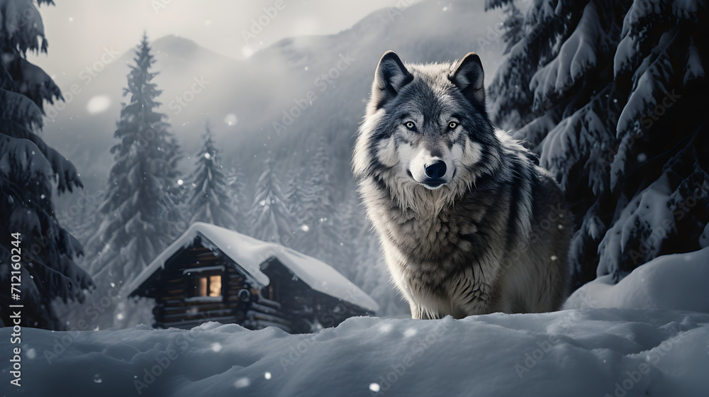 Beautiful gray wolf in winter mountains and hut Beautiful gray wolf in winter mountains and hut