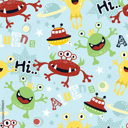 Vector seamless pattern of funny monsters with UFO