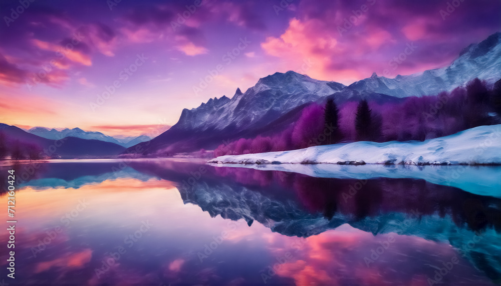 Armonia Innevata- Vista del Lago di Montagna con Montagne, Mare e Cielo Colorato al Tramonto