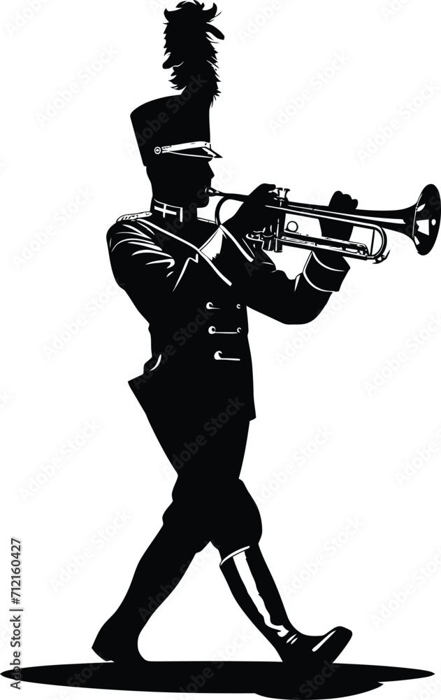 Silhouette marching band wind instrument player full body black color only Silhouette marching band wind instrument player full body black color only