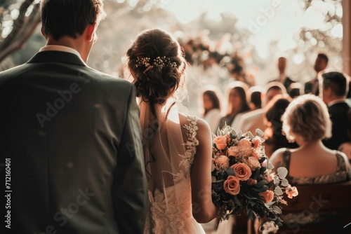 Back view of groom and bride at wedding aisle. Wedding with Peach Fuzz color theme decoration. Romantic wedding