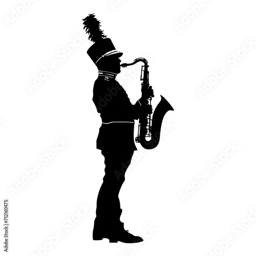 Silhouette marching band wind instrument player full body black color only