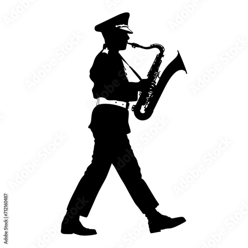 Silhouette marching band wind instrument player full body black color only