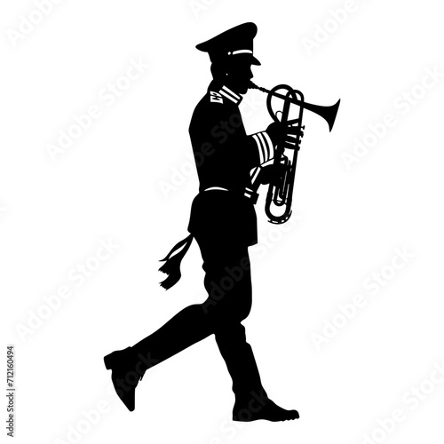 Silhouette marching band wind instrument player full body black color only