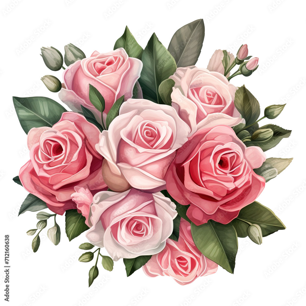 Bouquet of Pink Roses with Green Leaves. AI Generated Image