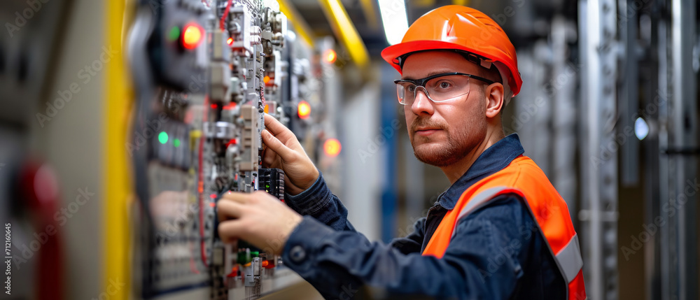 male commercial electrician at work on a fuse box in factory, adorned in safety gear,genertative ai male commercial electrician at work on a fuse box in factory, adorned in safety gear,genertative ai
