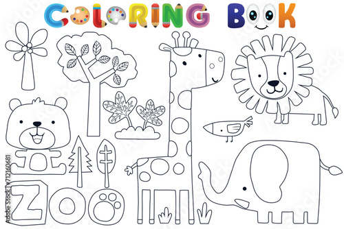 Vector coloring book with wildlife animals cartoon