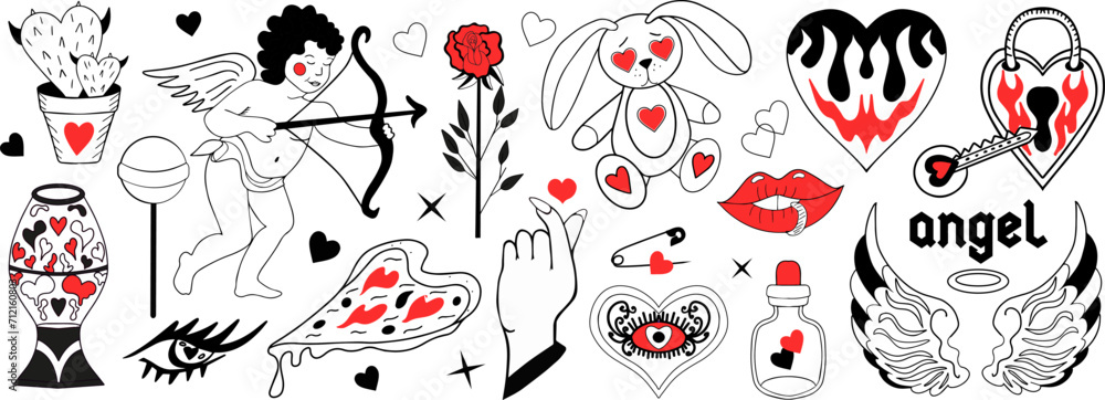 Naklejka premium Valentine's Day set of elements. Love modern collection hand drawing with burning heart, flower, rose.Y2k 2000s cute emo goth aesthetic stickers tattoo. Vector illustration