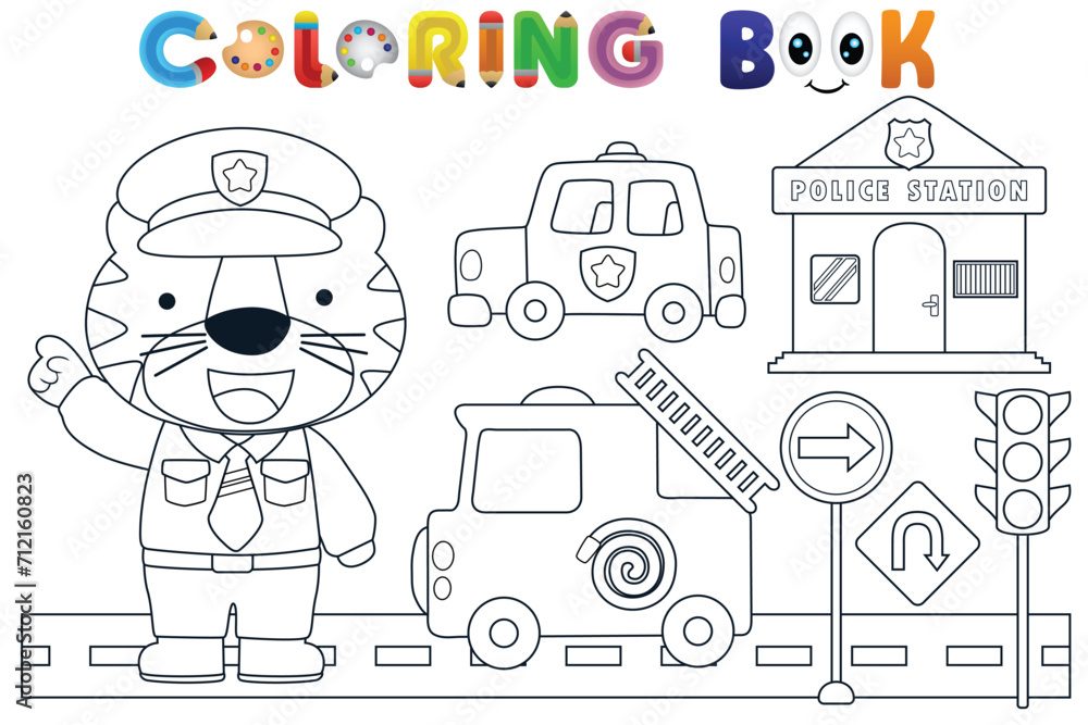 Vector coloring book with funny tiger cop and rescue team elements