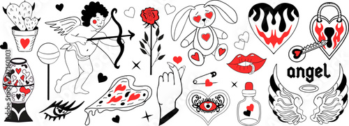 Valentine's Day set of elements. Love modern collection hand drawing with burning heart, flower, rose.Y2k 2000s cute emo goth aesthetic stickers tattoo. Vector illustration