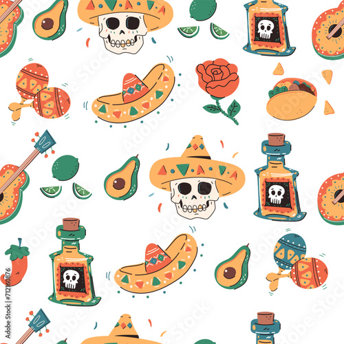 Cinco de Mayo elements vector cartoon seamless pattern background for wallpaper, wrapping, packing, and backdrop.