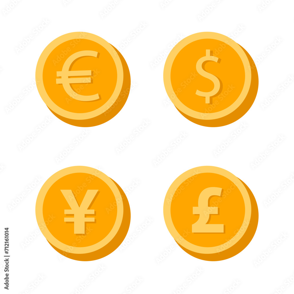 World currency coins. Currency signs of different countries. Symbols of currencies in flat style. Vector illustration. World currency coins. Currency signs of different countries. Symbols of currencies in flat style. Vector illustration.