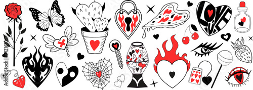 Valentine's Day set of elements. Love modern collection hand drawing with burning heart, flower, rose.Y2k 2000s cute emo goth aesthetic stickers tattoo. Vector illustration