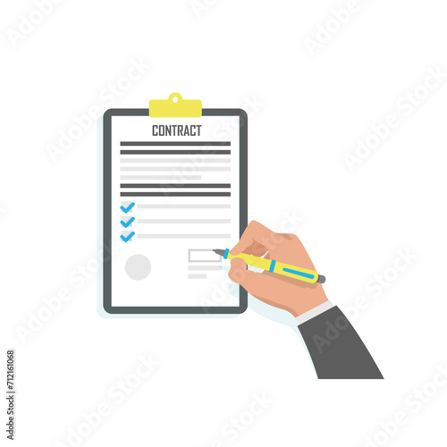 Clipboard with a checklist on a white sheet of paper. Hand holding a pen and writing. Check list, to do, questionnaire concept. Document on the desk. Top view. flat vector illustration