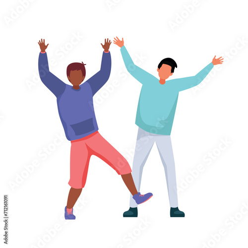 Two young men celebrating, Friends showing positive emotions, victory or success concept vector illustration.