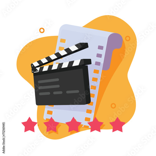 Film movie quality review concept vector icon flat cartoon illustration, video content survey cinema reputation rating with stars and clapper board image clipart, filmmaking cinematography idea