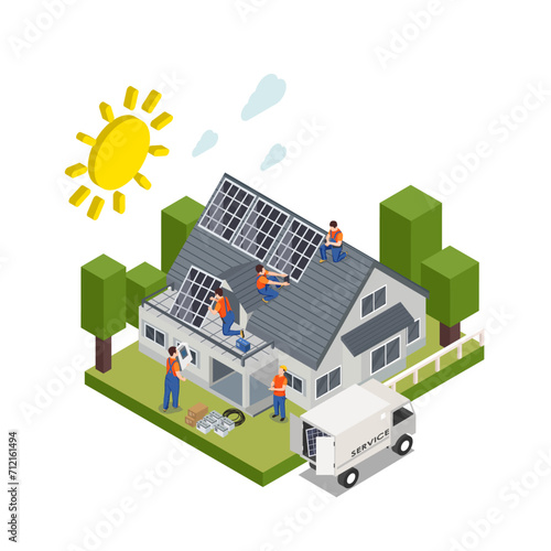 Solar cell installing. Team service working on installation solar cell on roof top. Smart home system.  vector illustrations