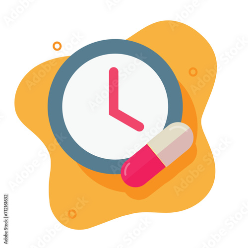 Treatment or take medicine time reminder icon vector flat cartoon graphic illustration, pharmacy medication history symbol with pill tablet dose and clock watch image clipart design photo