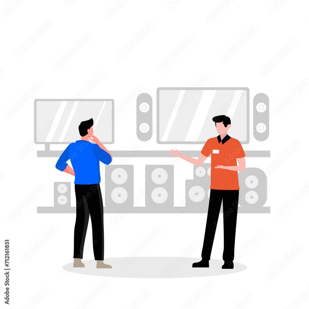 Man sale TV concept at electronics store or shop. Consultant and assistant gives advice to buyer. Commerce and marketing, business. flat vector illustration Man sale TV concept at electronics store or shop. Consultant and assistant gives advice to buyer. Commerce and marketing, business. flat vector illustration