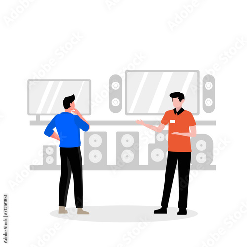 Man sale TV concept at electronics store or shop. Consultant and assistant gives advice to buyer. Commerce and marketing, business.  flat vector illustration