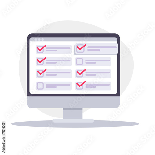 Computer  with online quiz form checklist on screen. Choice and survey vector concept. Illustration of checklist online computer, choice and quiz exam list