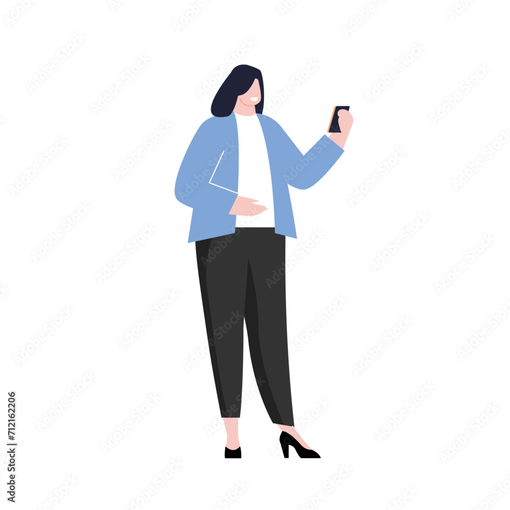 businesswoman chatting on a smartphone. Happy freelancer or office female working remotely use a mobile. flat vector illustrations businesswoman chatting on a smartphone. Happy freelancer or office female working remotely use a mobile. flat vector illustrations