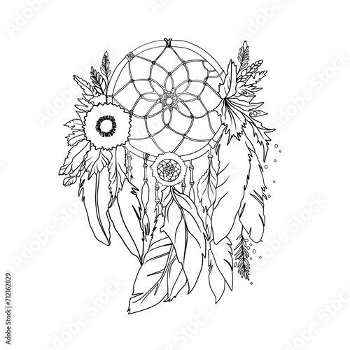 Freehand vector illustration. Sleep catcher. Boho element, feathers. Blank for the designer, postcard, print,. Vector illustration by Line for coloring