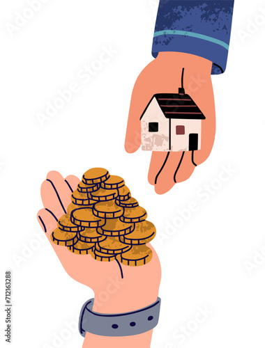 Buying and selling house, paying with money. Real estate, property purchase, payment concept. Buyer, new owners hand giving cash for home. Flat vector illustration isolated on white background