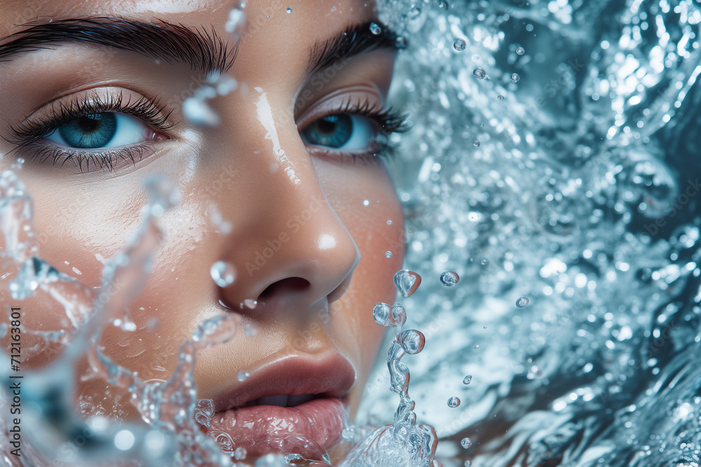 Beautiful Model Woman with splashes of water. Beautiful Smiling girl under splash of water with fresh skin over water background. Skin care, Cleansing and moisturizing concept. Beauty face