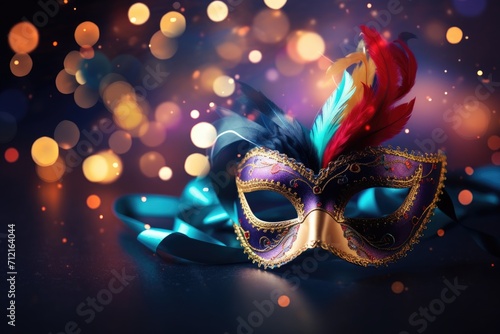 A carnival mask with blurred lights in the background