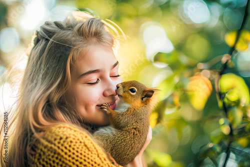 Close up portrait of a girl with a squirrel, Animals, April concept, generative ai