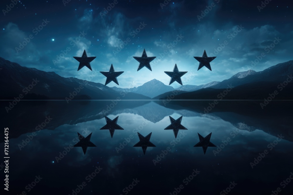 5 stars reflected in the lake with the mountains in the background at night 5 stars reflected in the lake with the mountains in the background at night