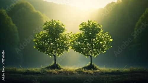 Two green plastic oak trees in a field with morning light