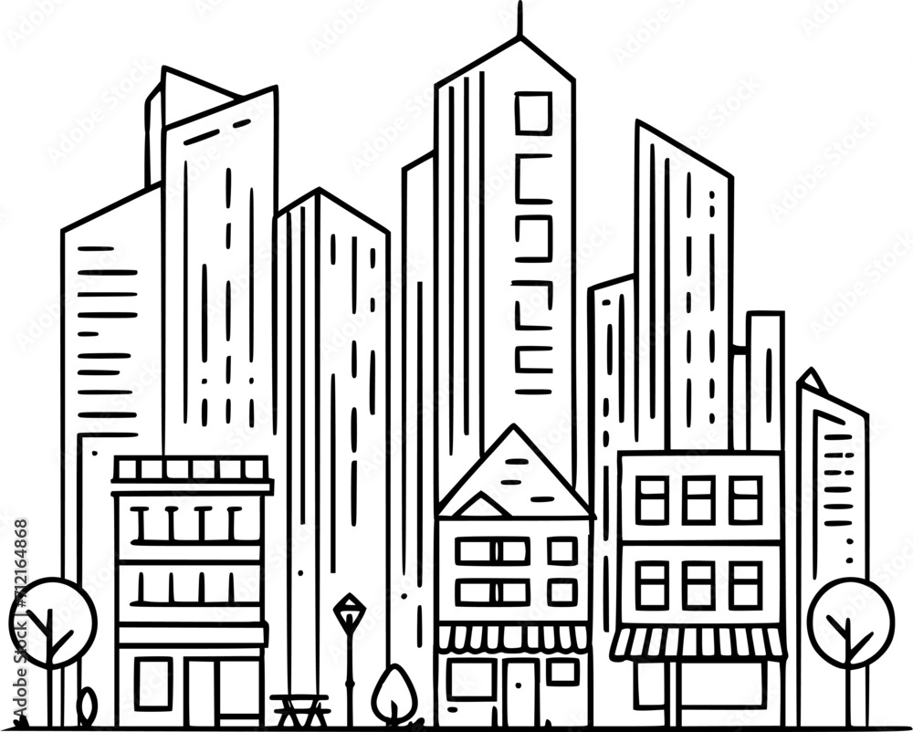 City buildings vector, Line art building Illustration