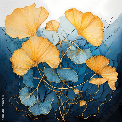 gold color ginkgo leaves on dark blue painting