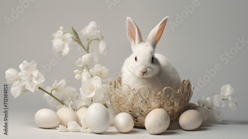 Easter composition with eggs, flowers and rabbit, white colors