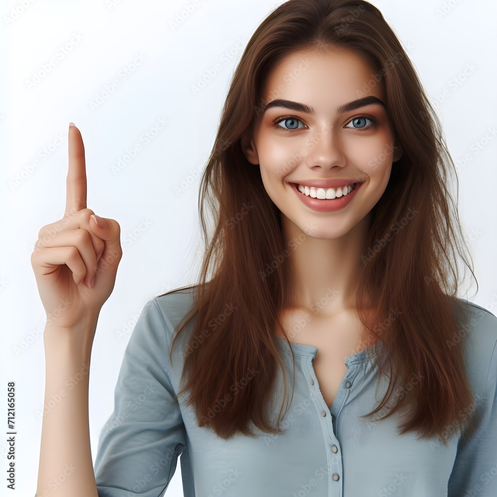 Happy smiling young woman female lady pointing up isolated on white background casual portrait Happy smiling young woman female lady pointing up isolated on white background casual portrait