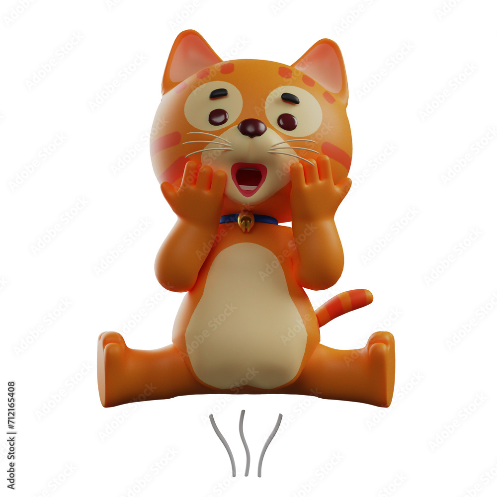 Fototapeta premium 3D illustration. 3D Cat Character Cartoon Design with surprising expression. In a relaxed sitting pose. hands are on cheeks. 3D Cartoon Character