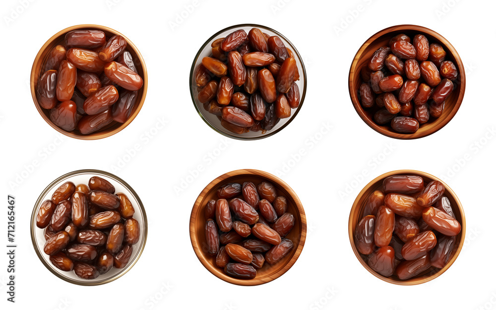 Collection bowl of dried date fruits isolated on a transparent background, top view Collection bowl of dried date fruits isolated on a transparent background, top view
