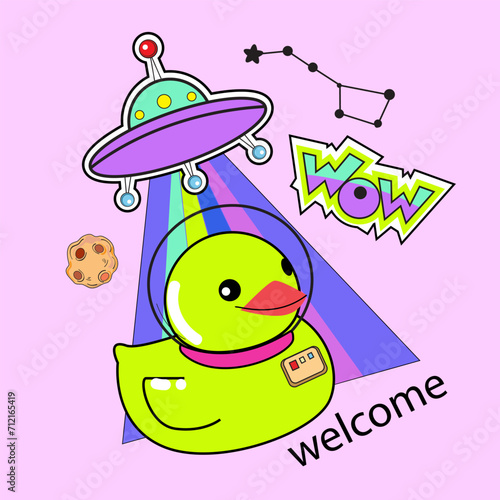 Rubber cosmic duck in space and spaceship. Vector illustration. Pop art