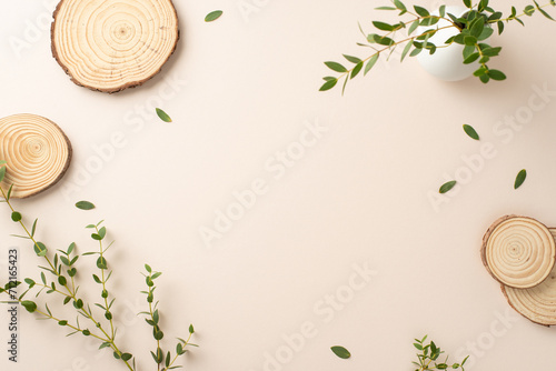 Natural design concept. Above view photo of branches and foliage of eucalyptus and round wooden stands on isolated pastel beige background with copy-space