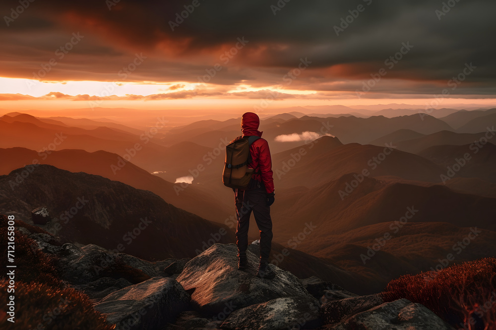 Man standing on top of a mountain with a backpack on his back and a sunset in the background behind him, with a red sky and orange clouds and a red hued