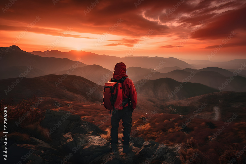 Man standing on top of a mountain with a backpack on his back and a sunset in the background behind him, with a red sky and orange clouds and a red hued