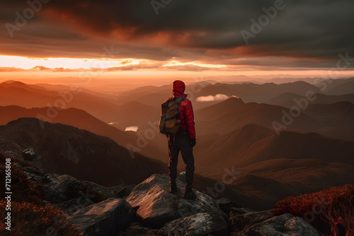 Man standing on top of a mountain with a backpack on his back and a sunset in the background behind him, with a red sky and orange clouds and a red hued © Ekaterina