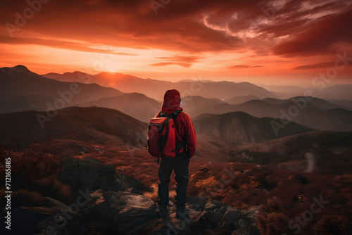 Man standing on top of a mountain with a backpack on his back and a sunset in the background behind him, with a red sky and orange clouds and a red hued