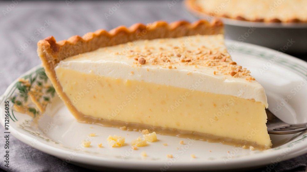 A piece custard pie on a white plate A piece custard pie on a white plate
