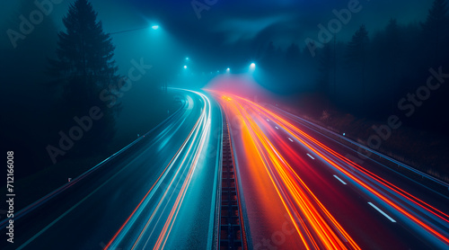 photograph of a road in the foreground, in the distance and out of focus a car approaches with its lights on, night photo. traffic, safety concept. Do not drink and drive