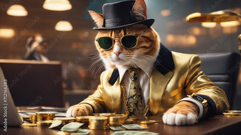 Cool rich gangster boss cat hipster with sunglasses, hat, headphones, gold chain and money dollars. Business, finance, creative idea. Crypto investor cat is holding a lot of money - obrazy, fototapety, plakaty 