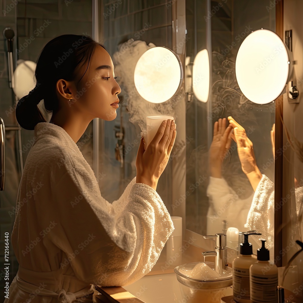 A young lady using a gentle foaming cleanser, in front of a fogfree