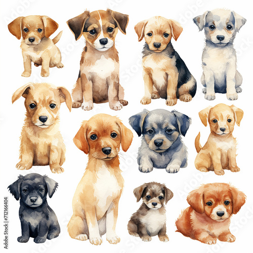 Watercolor set of cute dog breeds isolated on white background. Hand drawn illustration